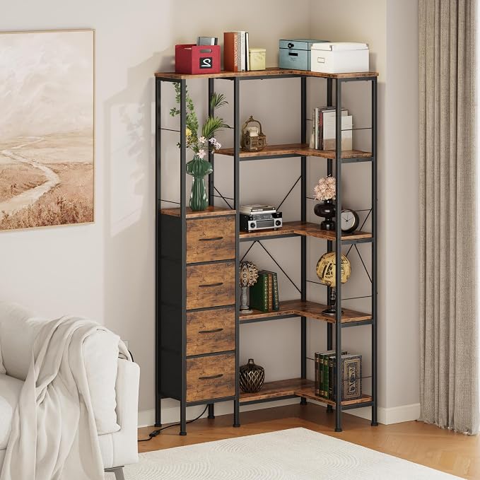 AFLUI Corner Bookshelf with LED Light Strips & 4 Fabric Drawers, 5-Tier - Image 8