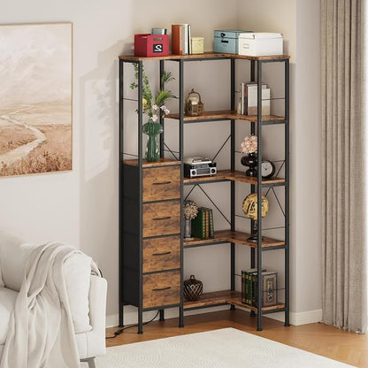 AFLUI Corner Bookshelf with LED Light Strips & 4 Fabric Drawers, 5-Tier - Image 8