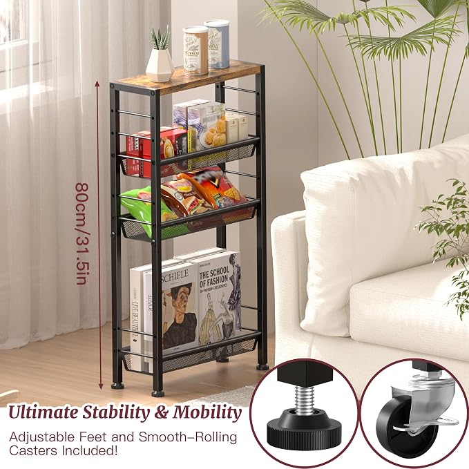 Slim Rolling Cart, 4-Tier Narrow Kitchen Storage Cart, Slim Utility Cart on - Image 8