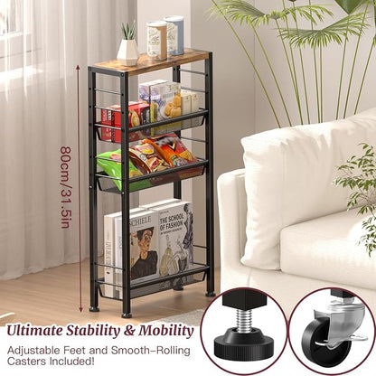 Slim Rolling Cart, 4-Tier Narrow Kitchen Storage Cart, Slim Utility Cart on - Image 8