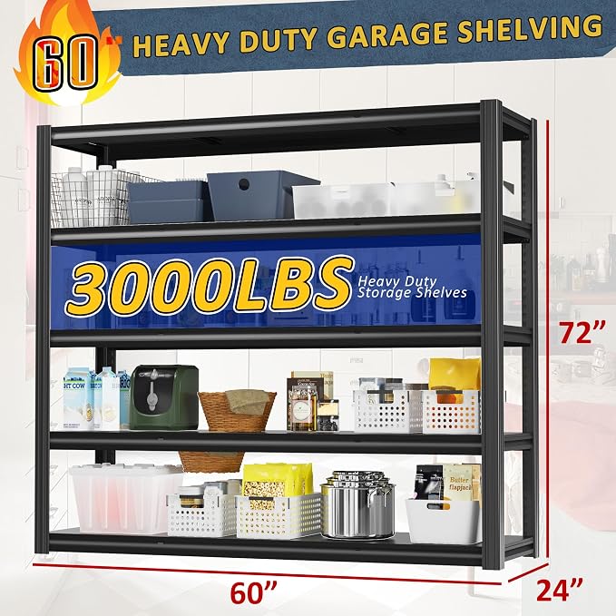 60" W Garage Shelving Heavy Duty, 5 Tier Storage Shelves, 3030LBS Adjustable - Image 2