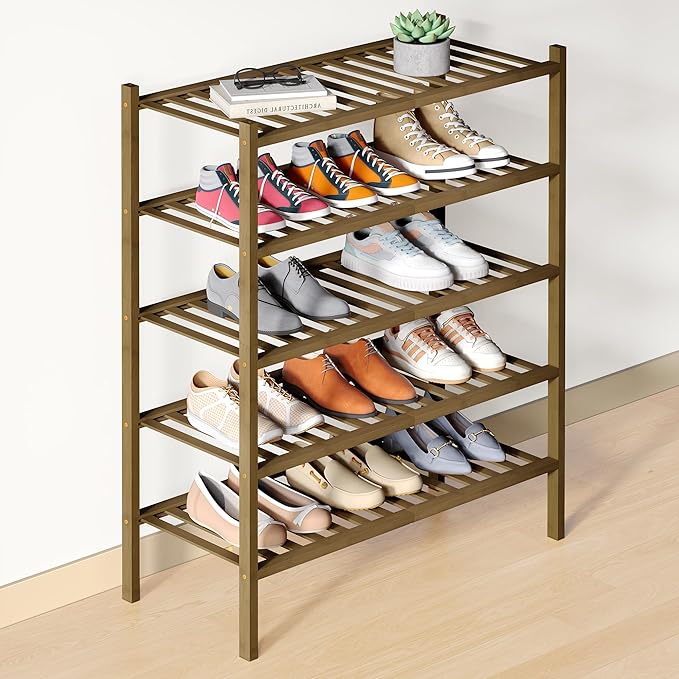 Smiry Bamboo Shoe Rack for Closet, 5 Tier Wooden Stackable Shoe Organizer by Smiry