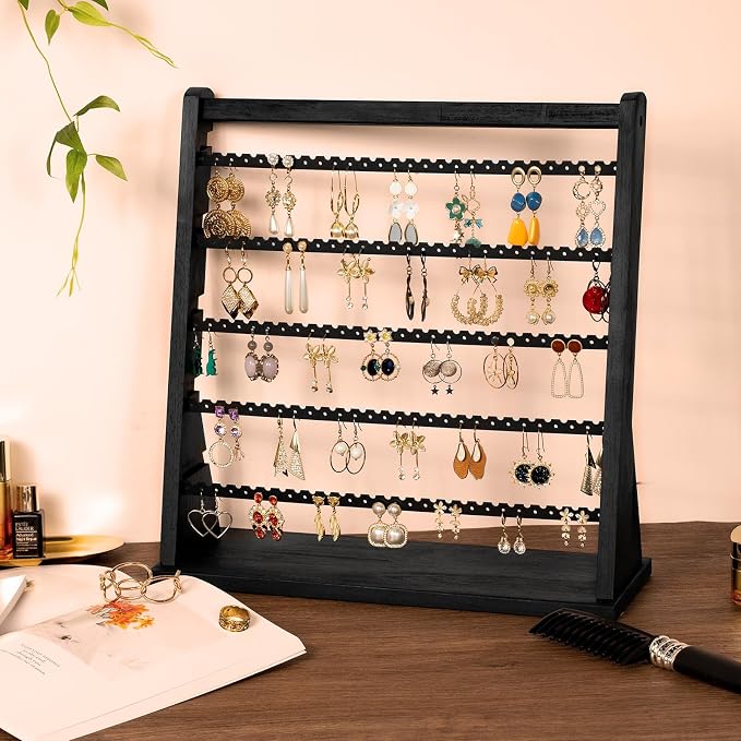 Poyilooo Earring Holder Organizer, Rustic Wood Earring Holder Stand, 5 Layer - Image 2