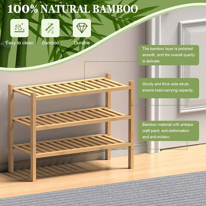 (Thick Bamboo Shoe Rack for Entryway, 3-Tier Free Standing Shoe Racks Stackable - Image 6