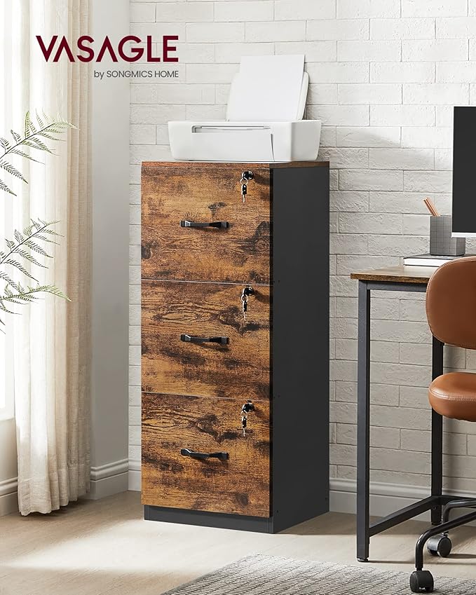 VASAGLE 3-Drawer Vertical File Cabinet, Rustic Brown and Black, - Image 2