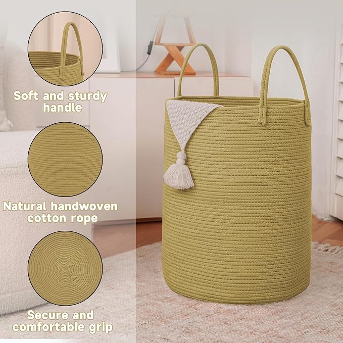Large Woven Laundry Basket Hamper, 60L Cotton Rope Storage Bin - Image 6