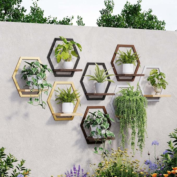 2 Pack Walnut Color Solid Wood & Metal Framework Wall Plant Stands, 9 inch - Image 5