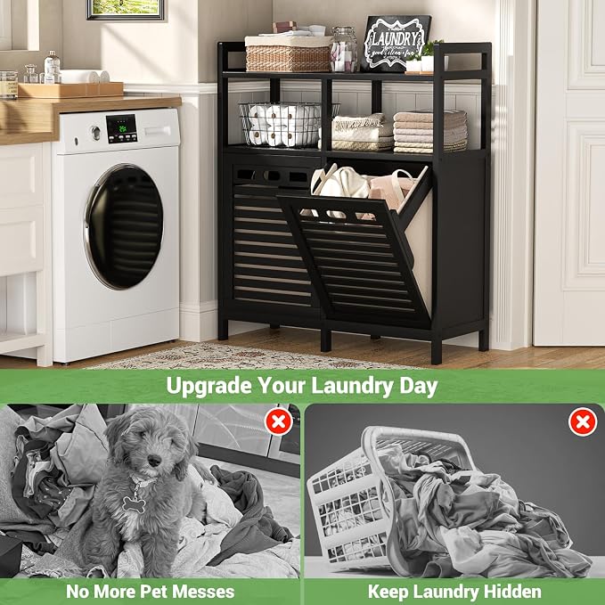 Homykic Tilt Out Laundry Hamper Cabinet, Bamboo Double Laundry Hamper - Image 5