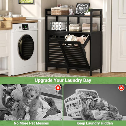 Homykic Tilt Out Laundry Hamper Cabinet, Bamboo Double Laundry Hamper - Image 5
