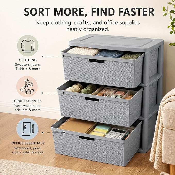 Wide 3-Drawer Plastic Storage Tower, Decorative Organizer Chest, BPA-free - Image 4