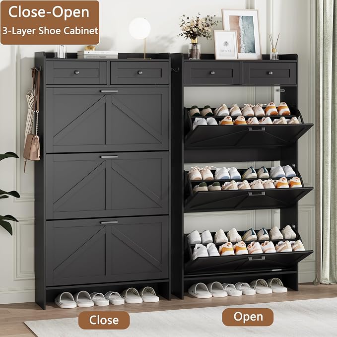 Shoe Cabinet with 3 Flip Drawers & 2 Top Drawers, Hidden Slim Shoe Rack - Image 4
