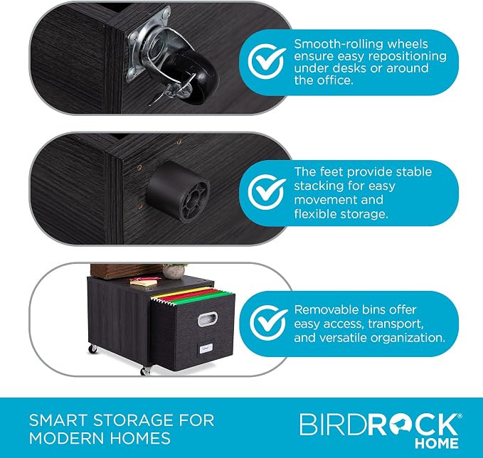 BIRDROCK HOME Rolling File Cabinet – Decorative Storage Shelf w/Removable Bins - Image 7