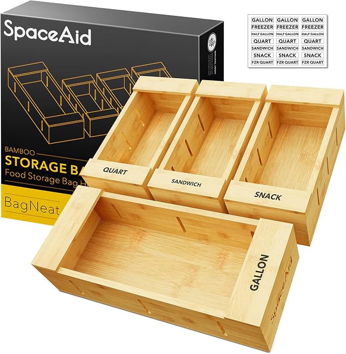 SpaceAid Bag Storage Organizer for Kitchen Drawer, Bamboo Organizer, Compatible by SpaceAid