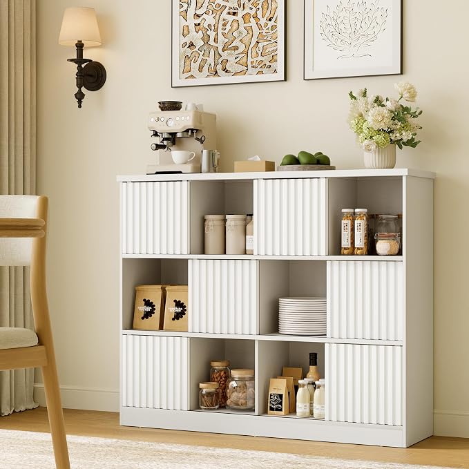 iPormis 12 Cube Bookcase with 6 Fluted Sliding Doors, 3 Tier Wooden Bookshelf - Image 3