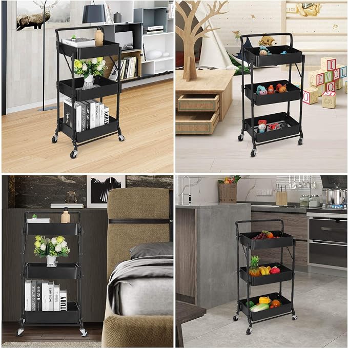 Foldable 3 Tier Metal Utility Rolling Cart, Folding Mobile Multi-Function - Image 7