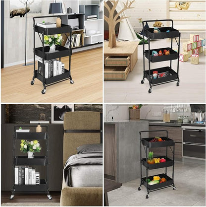 Foldable 3 Tier Metal Utility Rolling Cart, Folding Mobile Multi-Function - Image 7