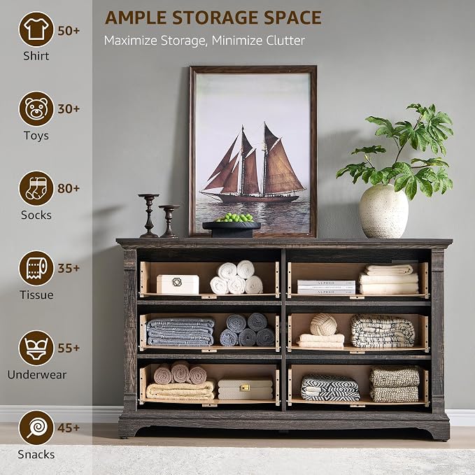 Farmhouse 6 Drawers Dresser for Bedroom, Wooden Dresser TV Stand - Image 4