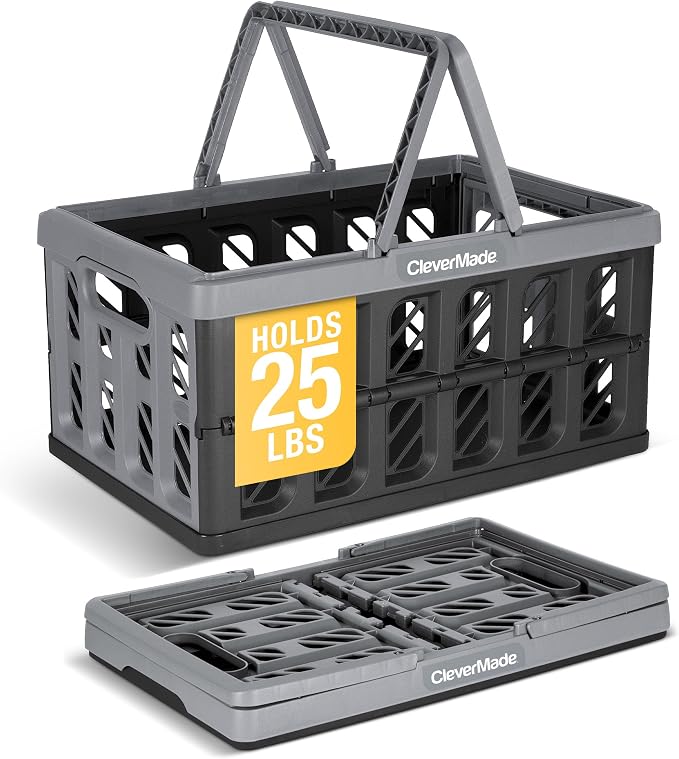 CleverMade Collapsible Shopping Basket, Stone | Rigid walls protect groceries by CleverMade