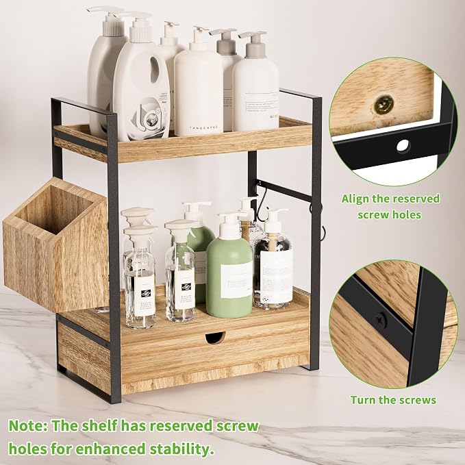 2-Tier Bathroom Counter Organizer, Wooden Vanity Shelf - Image 3