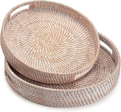 Round Rattan Serving Tray Decorative Woven Ottoman Trays - Image 5