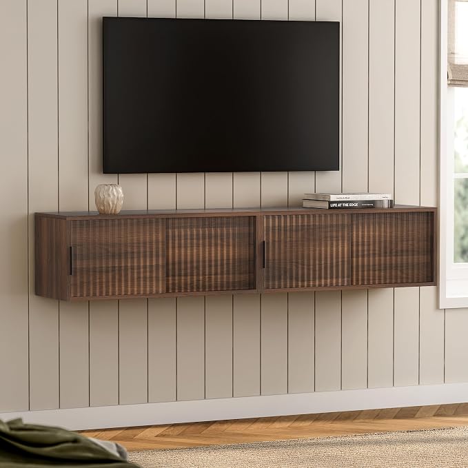 Large Floating TV Stands Set of 2, Modern Fluted Nightstands Wall Mounted by EYYTHUNG