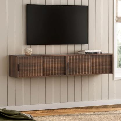 Floating Nightstand with Sliding Doors, Modern Fluted Large Night Stand Storage - Image 3