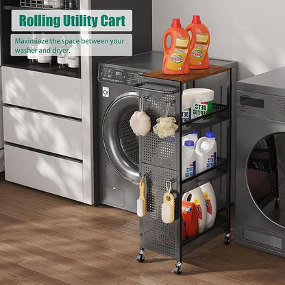 4-Tier Slim Storage Cart with Wheels, Small Mobile Organizer Shelf with Wooden - Image 4