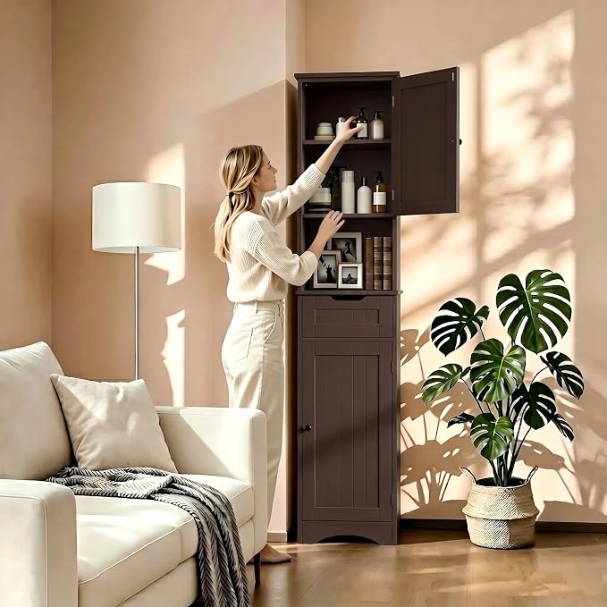 Gizoon 67” H Tall Bathroom Storage Cabinet, Narrow Cabinet, Dark Brown | Towel - Image 2