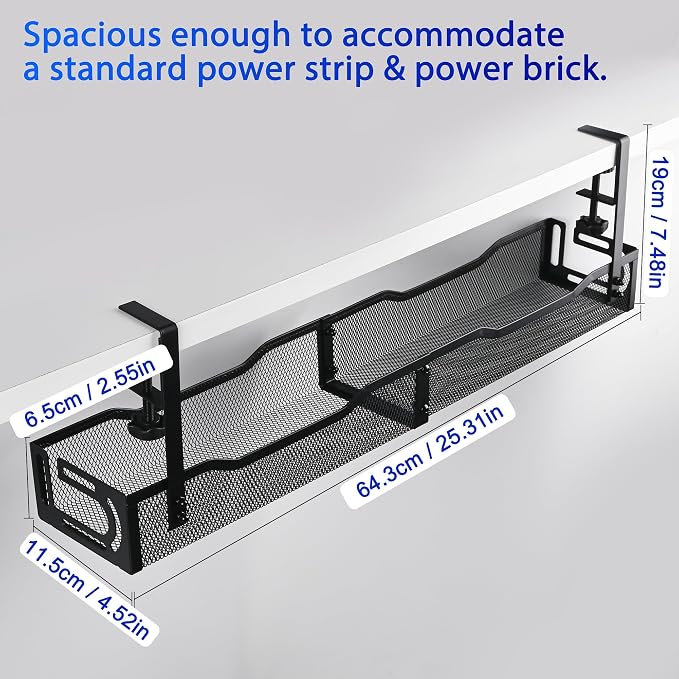 Under Desk Cable Management Tray 25.3 Inch, Clamp-On Cable Organizer Box - Image 4