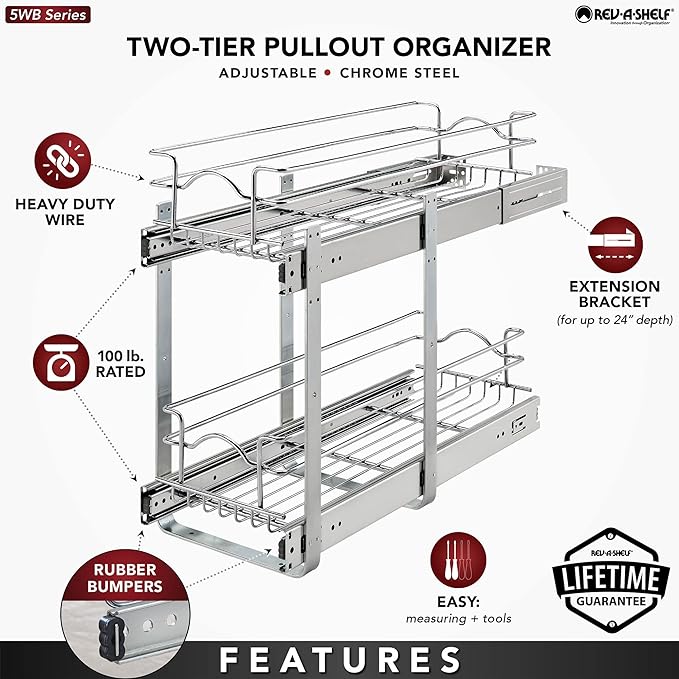 Rev-A-Shelf 2-Tier Kitchen Cabinet Pullout Shelf and Drawer Organizer Slide Out - Image 2