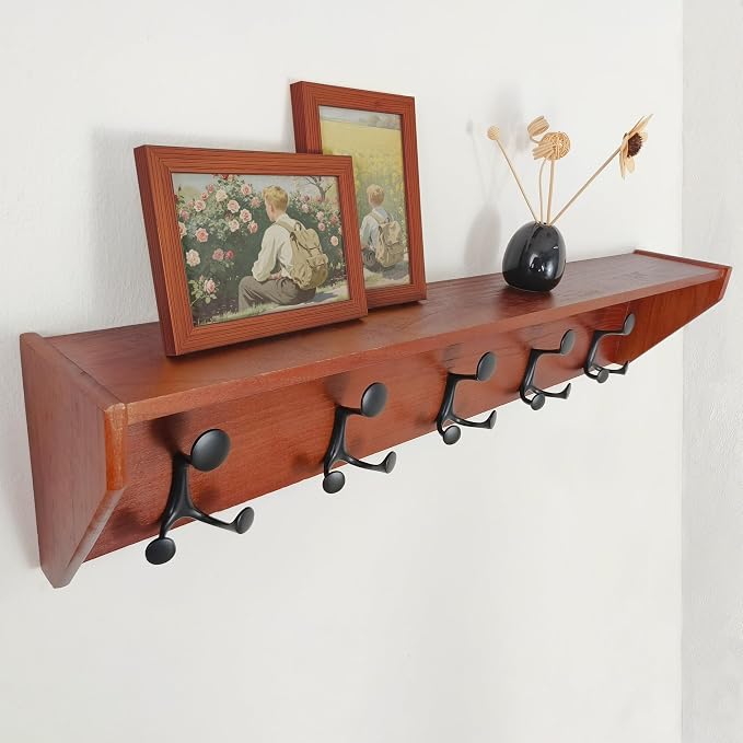 SKOLOO Wall Shelf with Hooks, 35-Inch Cherry Coat Rack Wall Mount with Shelf - Image 3