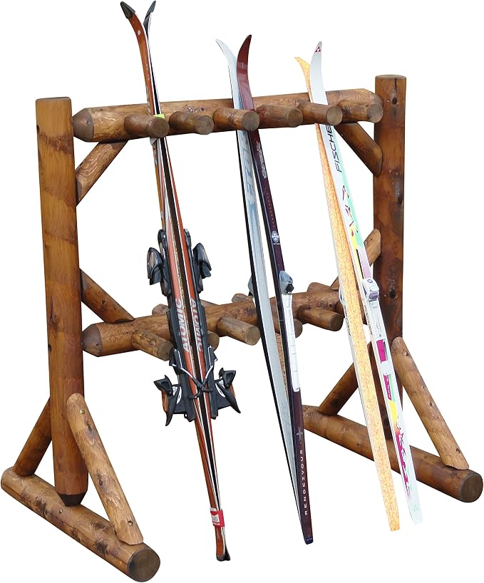 11-Place Freestanding Log Ski Rack Holder, Indoor & Outdoor Snowboard Racks by LogKayakRack