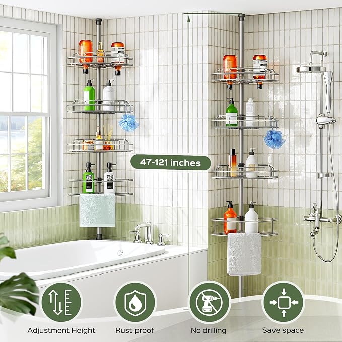 HAMITOR Corner Shower Caddy Tension Pole: 4-Tier Rust-Resistant Adjustable - Image 7