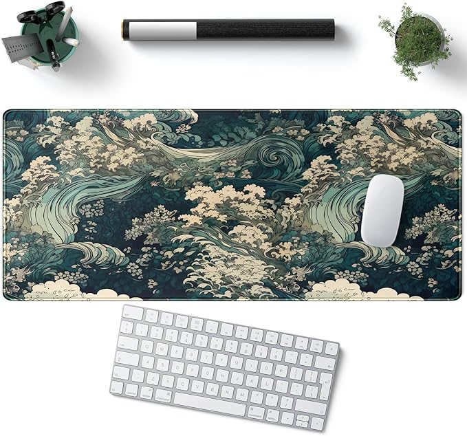 Japanese Large Mouse Pad Gaming Sea Wave Desk Pad Blue Sea Flower Art - Image 5