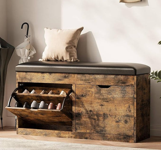 40" Shoe Storage Bench with 2 Flip Drawers & Padded Seat Cushion, Shoe Cabinet by Astimey