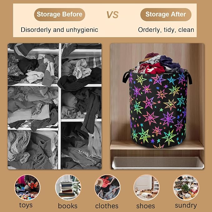 Laundry Hamper, Bright Neon Stars Laundry Basket, Waterproof Oxford Cloth - Image 5