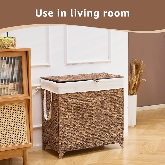 Laundry Hamper with Lid and Removable Liner Bag, Handwoven Natural Hyacinth - Image 4