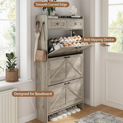 Shoe Cabinet with 3 Flip Drawers & 2 Top Drawers, Hidden Slim Shoe Rack - Image 5