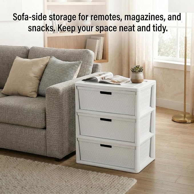 3 Drawer Wide Weave Storage Tower, Modern Style Decorative Freestanding Storage - Image 8