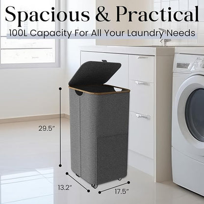 Laundry Basket with Wheels and Handle - 100L Bamboo-Fabric Laundry Hamper with - Image 5