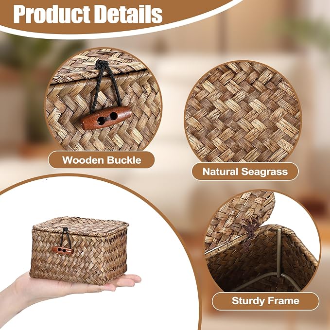 Hipiwe Handwoven Seagrass Basket Bin Small Decorative Shelf Basket Boxes - Image 6
