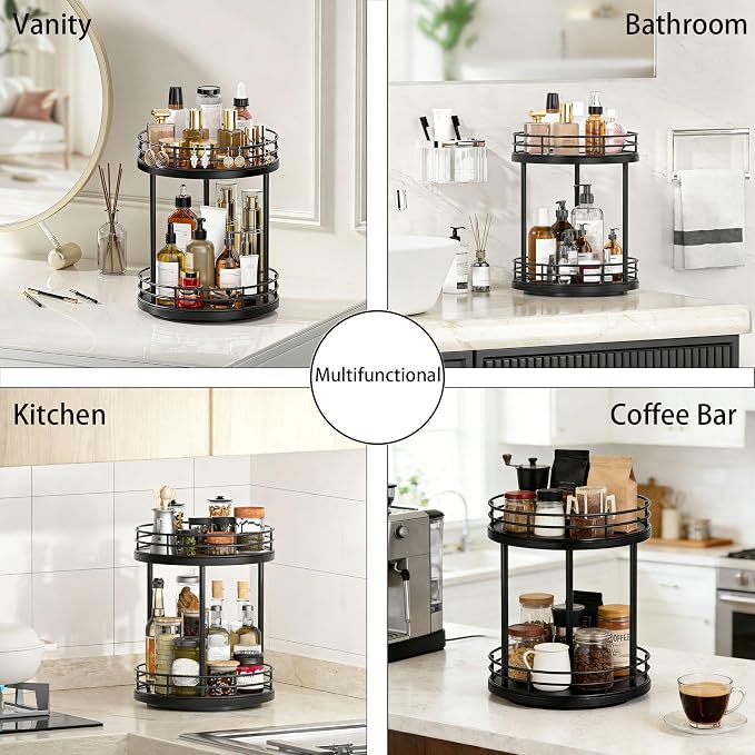 2-Tier Rotating Bathroom Countertop Organizer, Wooden Makeup Vanity Storage - Image 4