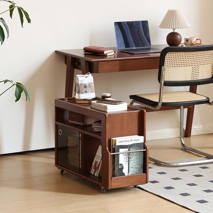 Side Table with Storage, Solid Wood Rolling End Table - Image 9