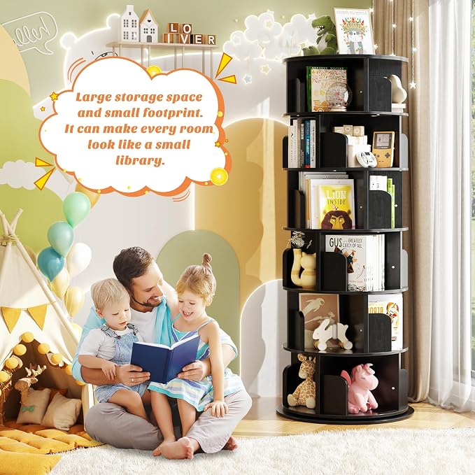 Aheaplus 6 Tier Rotating Bookshelf, Wood Spinning Bookshelf Tower, Round - Image 3
