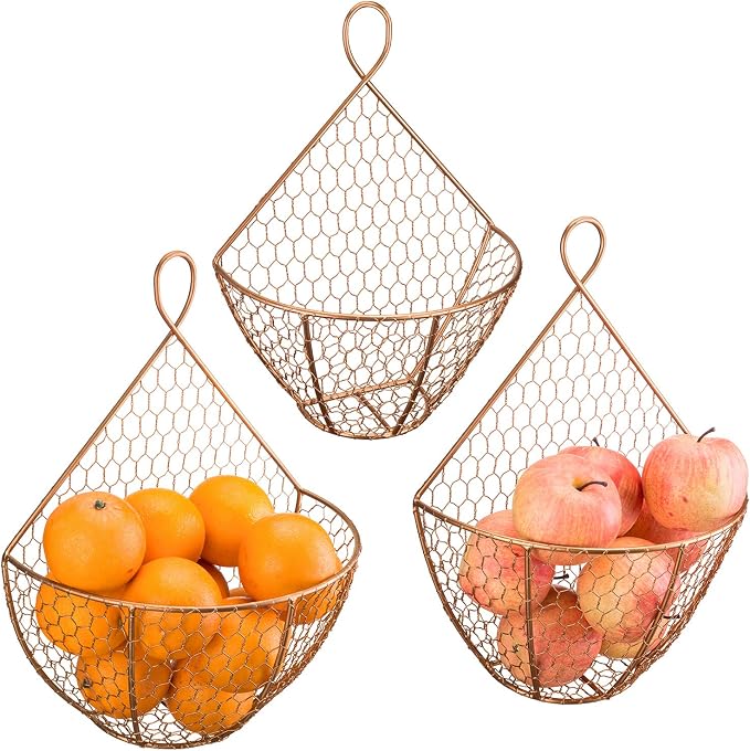 MyGift Set of 3, Farmhouse Copper Metal Wire Mesh Wall Hanging Baskets by MyGiftHome
