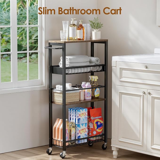 Slim Rolling Storage Cart, 4 Tier Narrow Storage Cart, 7.1in | Metal Kitchen - Image 4