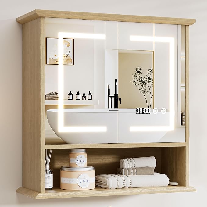 Bathroom Medicine Cabinet with Mirror, Lighted Wall Storage Cabinet, Oak | 21" by Unknown