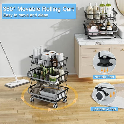 3-Tier Rolling Pantry Floor Organizer, Stackable Pantry Storage Cart - Image 4