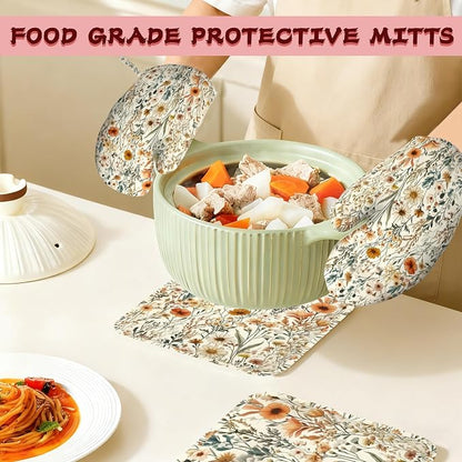 Vintage Flowers Silicone Oven Mitts and Pot Holders, Boho Heat-Resistant 4 - Image 7