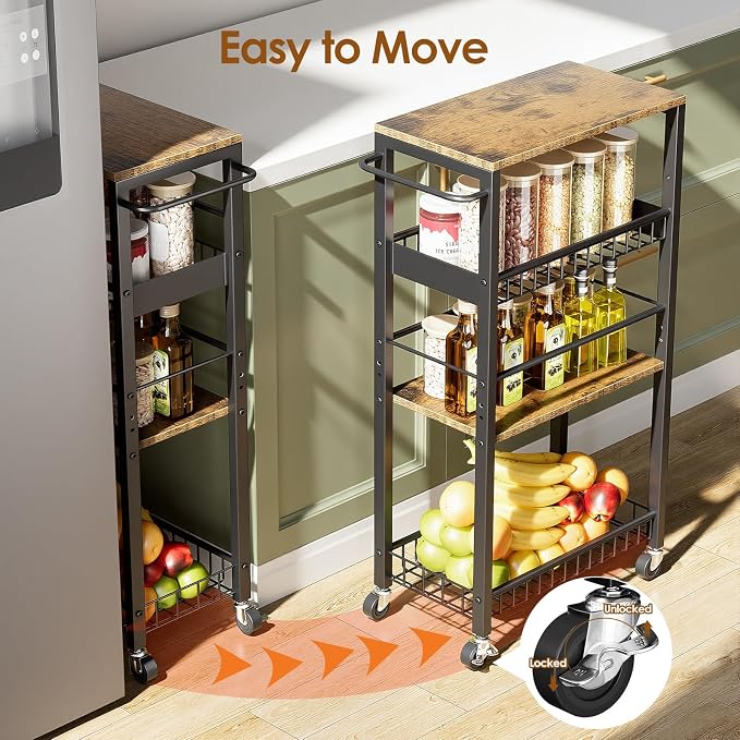 Slim Rolling Storage Cart, 4 Tier Narrow Storage Cart, 9.1in | Metal Kitchen - Image 3